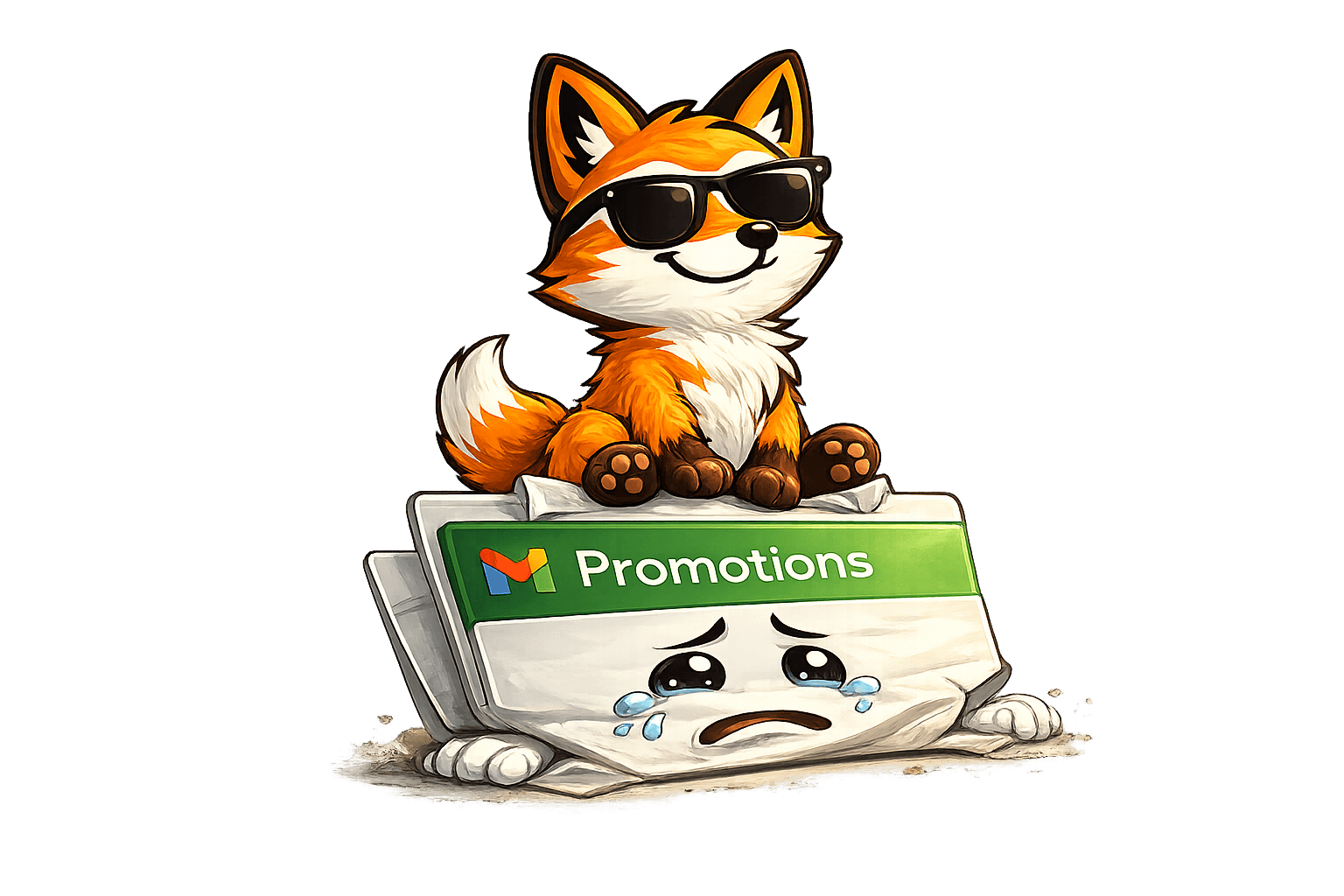 Fox sitting triumphantly on a crying Promotions tab